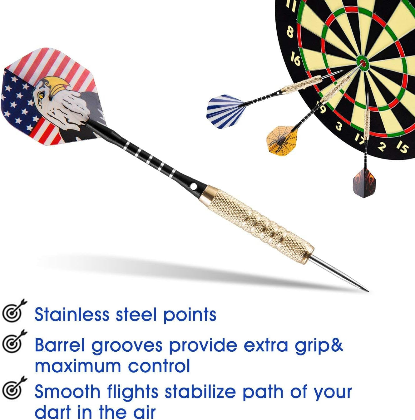 15 Pack Steel Darts 18 Grams Tip Set with Dart Sharpener and 21 Flights, Aluminum Shafts & Brass Barrels, Levels in Every Rec Room, Man Cave, Bar and Game Room