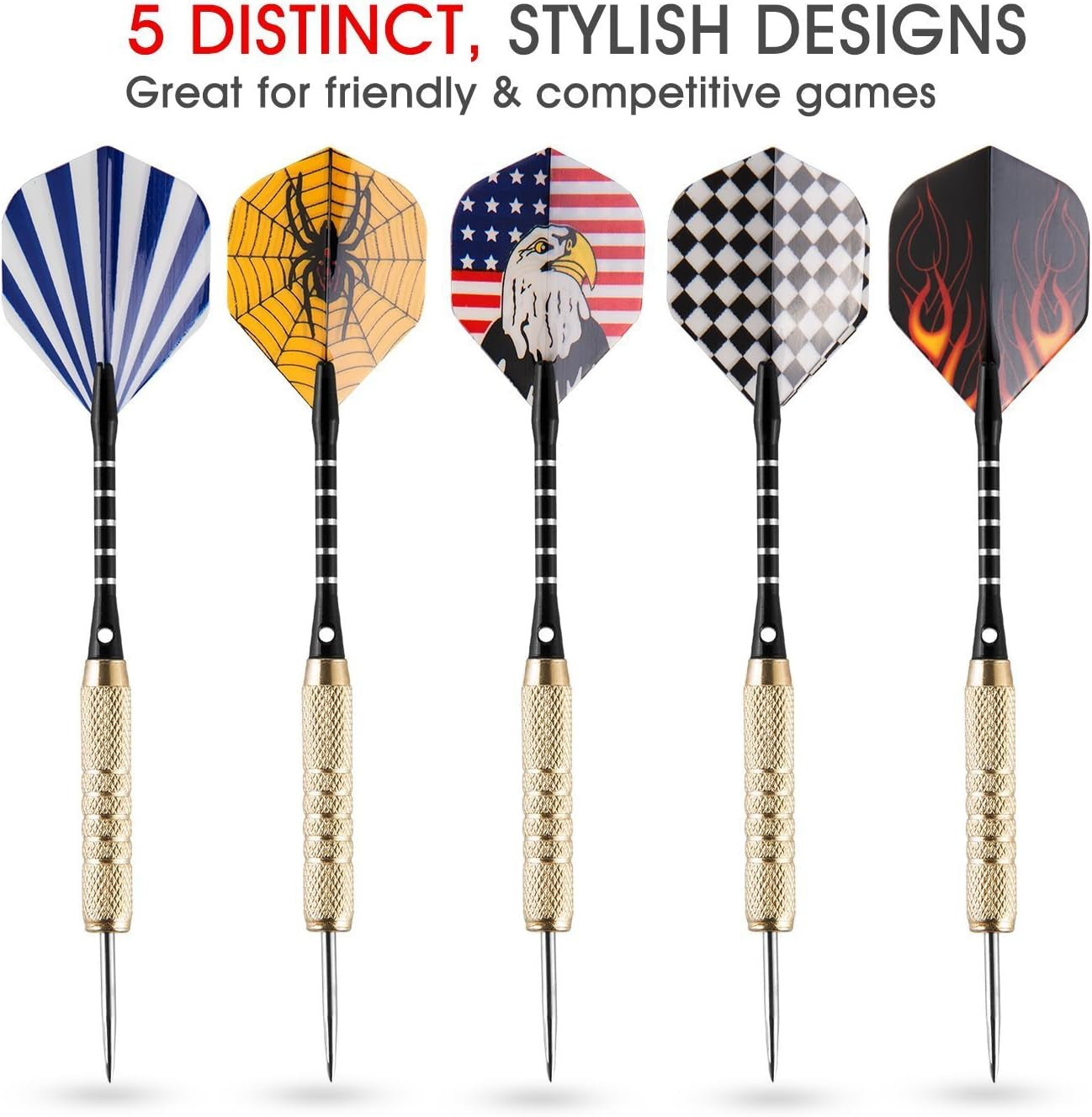 15 Pack Steel Darts 18 Grams Tip Set with Dart Sharpener and 21 Flights, Aluminum Shafts & Brass Barrels, Levels in Every Rec Room, Man Cave, Bar and Game Room